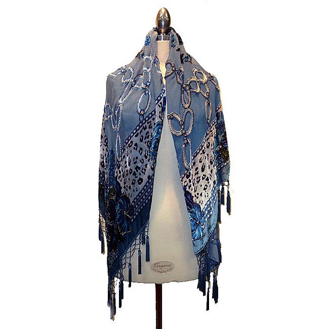 Embroidered Blue Velvet/ Silk Shawl