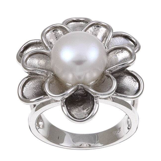 Kabella Sterling Silver Button Freshwater Pearl Flower Ring (10.5 mm ...