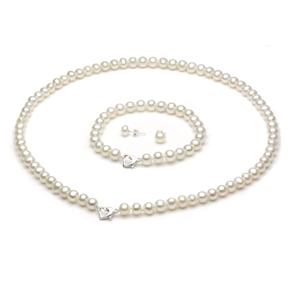 DaVonna Sterling Silver Freshwater Pearl Necklace Bracelet and Earring Set 18" - White