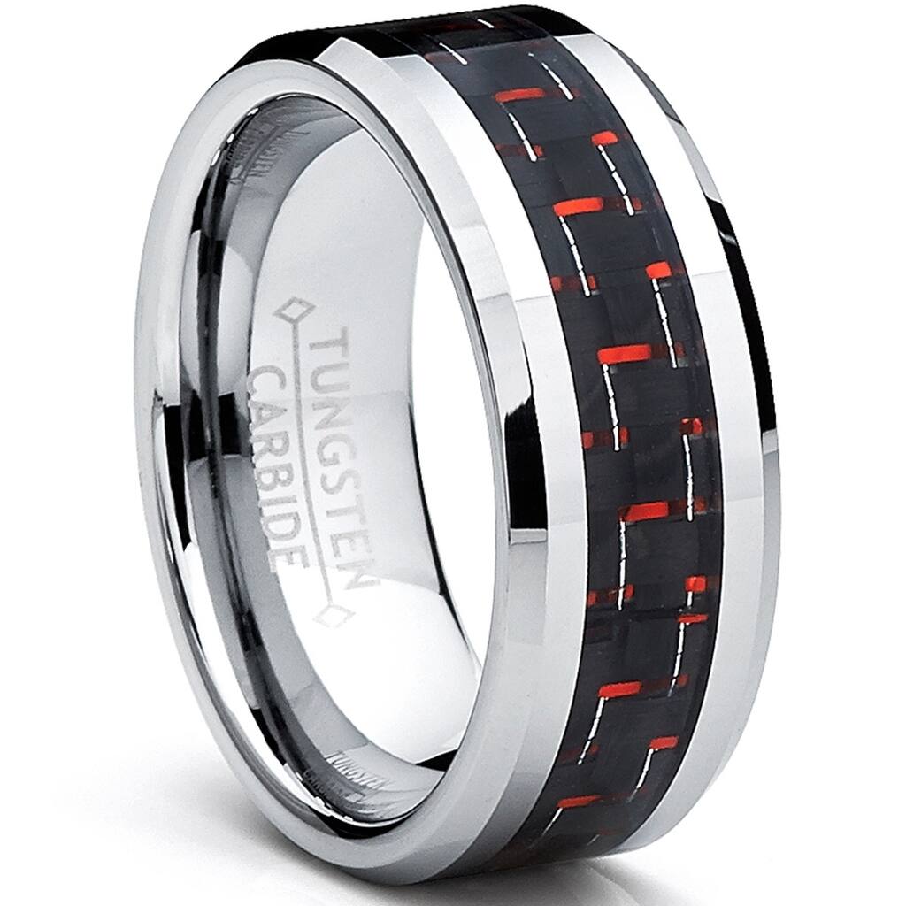 Oliveti Men's Tungsten Carbide Band Black and Red Carbon Fiber Inlay Ring (8 mm)