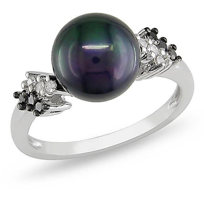 Miadora Silver Black Pearl and 1/8ct TDW Diamond Ring (H-I, I3) (9-9.5 mm)