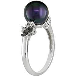 Miadora Silver Black Pearl and 1/8ct TDW Diamond Ring (H-I, I3) (9-9.5 mm)