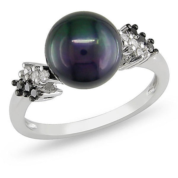 Miadora Silver Black Pearl and 1/8ct TDW Diamond Ring (H-I, I3) (9-9.5 mm)