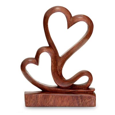 Suar Wood 'Two Hearts' Sculpture