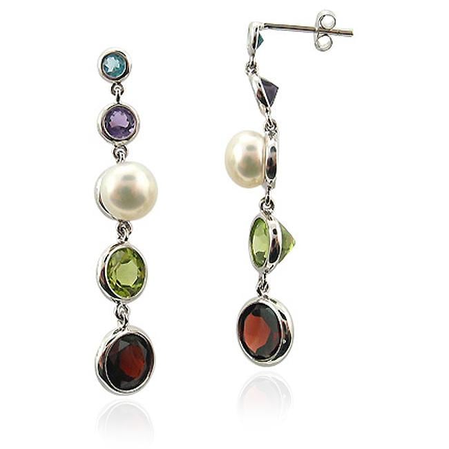 DaVonna 14k White Gold Multigemstone and FW Pearl Dangle Earrings (6 7