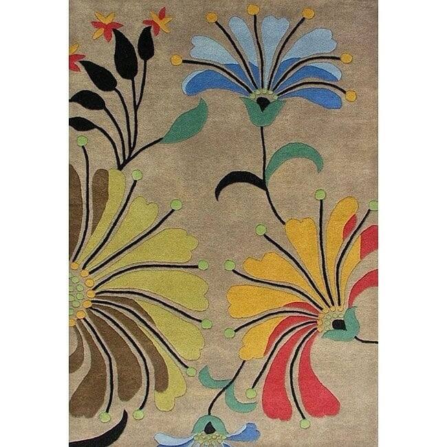Hand-tufted Metro Flower Beige Wool Rug - 5' x 8'