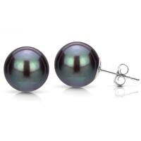 DaVonna 14k White Gold Black Perfect Round Freshwater Pearl Stud Earrings (5-12 mm)