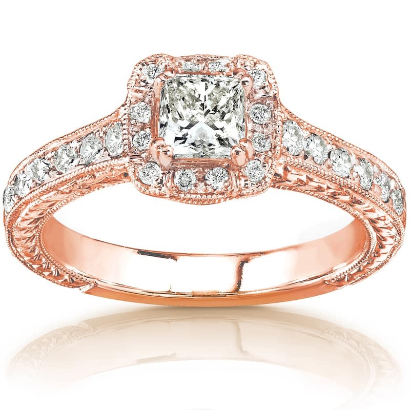 Annello by Kobelli 14k Gold 3/4ct TDW Princess-cut Diamond Halo Engagement Ring - 4 - Rose