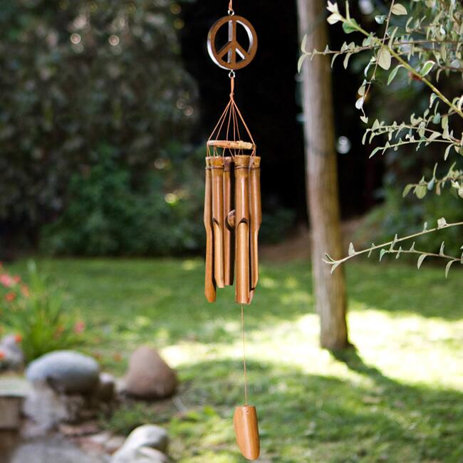 Handmade Bamboo and Suar Wood Mini Peace Sign Chime (Indonesia)