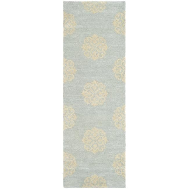 Handmade Soho Medallion Light Blue N. Z. Wool Runner (26 X 10)