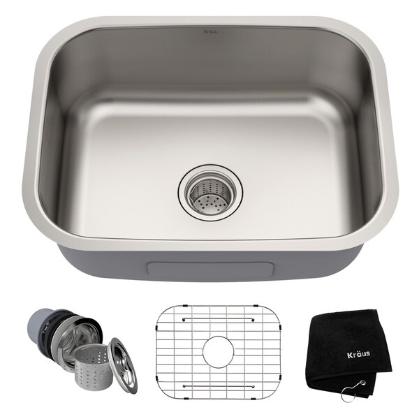 Kraus KBU12 Premier Undermount 23-in 16G 1-Bowl Satin Stainless Steel Kitchen Sink, Grid, Strainer, Towel