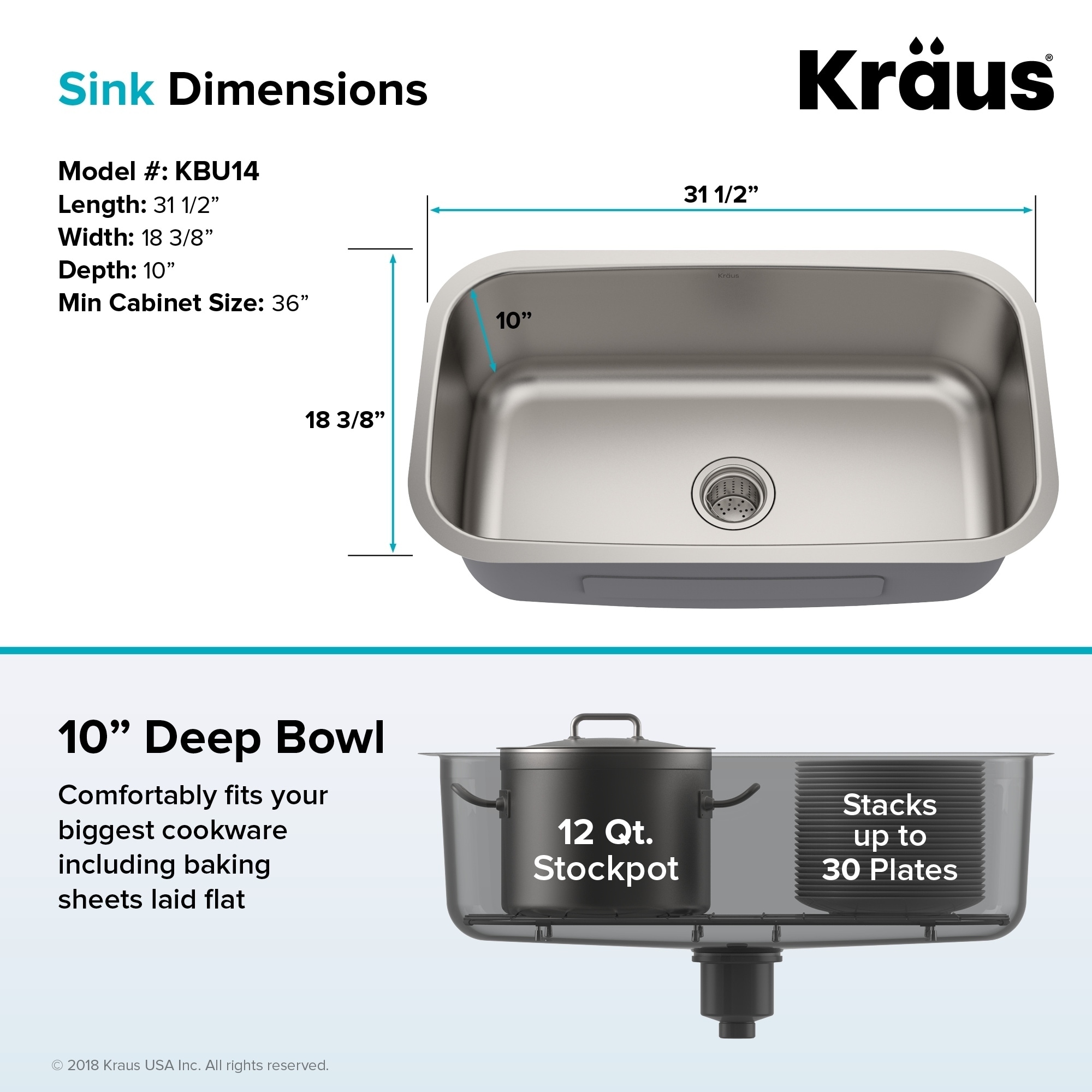 Kraus Kbu14 Undermount 31 1 2 In 1 Bowl Stainless Steel Kitchen Sink