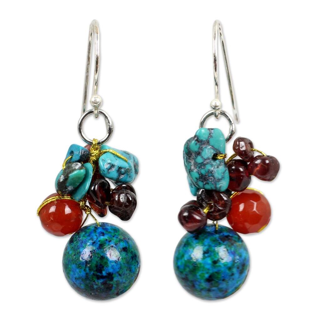 Garnet and Carnelian Tropical Orchard Red/Turquoise Cluster Dangling Style Earrings - Blue