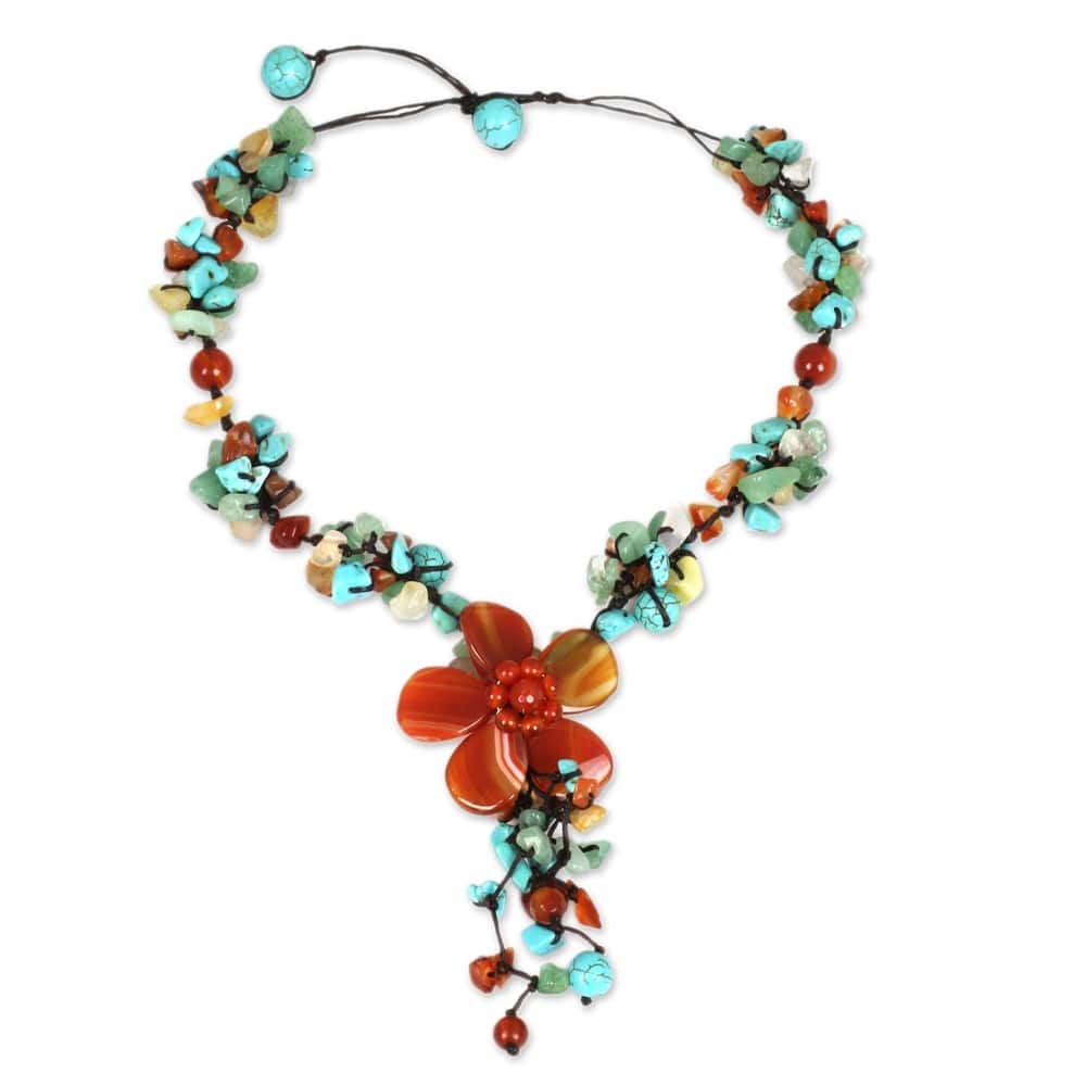 Handmade Agate and Carnelian Summer Flower Multicolor Floral Pattern Necklace (Thailand)