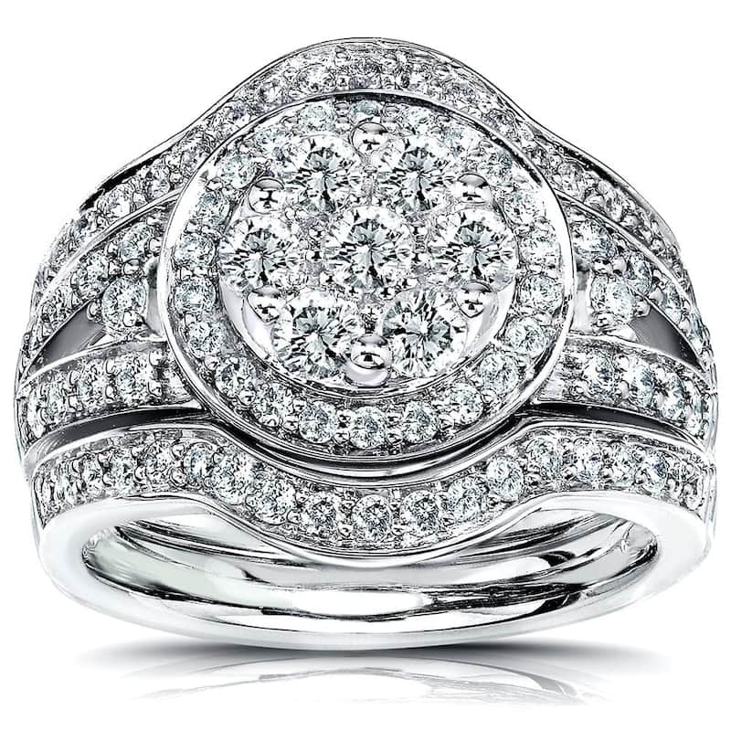 Annello by Kobelli 14k Gold 1 1/5ct TDW Low Setting Diamond Halo 3-Piece Round Cluster Statement Bridal Rings Set
