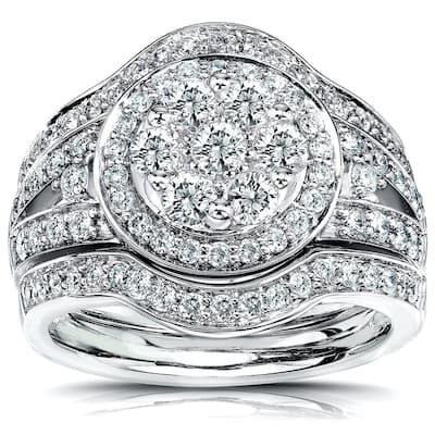 Annello by Kobelli 14k Gold 1 1/5ct TDW Low Setting Diamond Halo 3-Piece Round Cluster Statement Bridal Rings Set