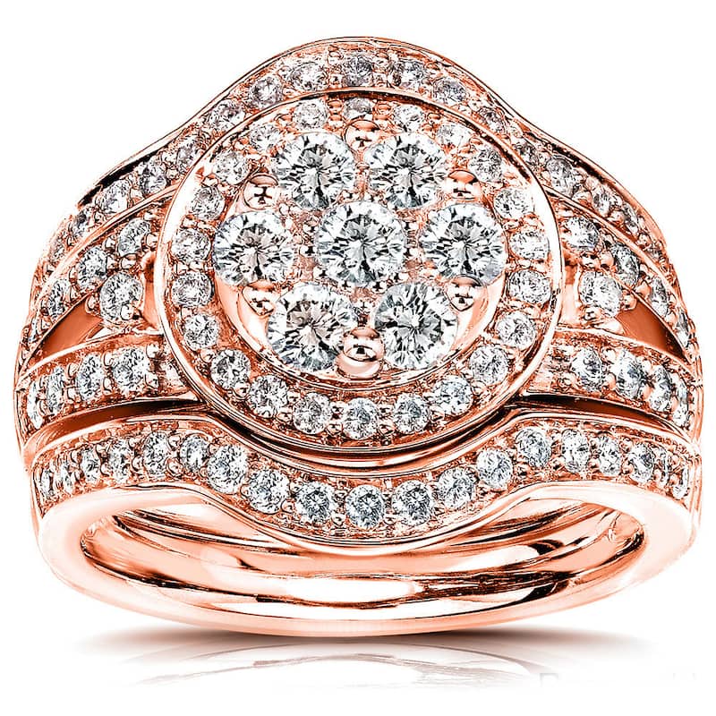 Annello by Kobelli 14k Gold 1 1/5ct TDW Low Setting Diamond Halo 3-Piece Round Cluster Statement Bridal Rings Set - 4 - Rose