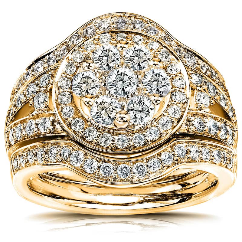 Annello by Kobelli 14k Gold 1 1/5ct TDW Low Setting Diamond Halo 3-Piece Round Cluster Statement Bridal Rings Set - 4 - Yellow
