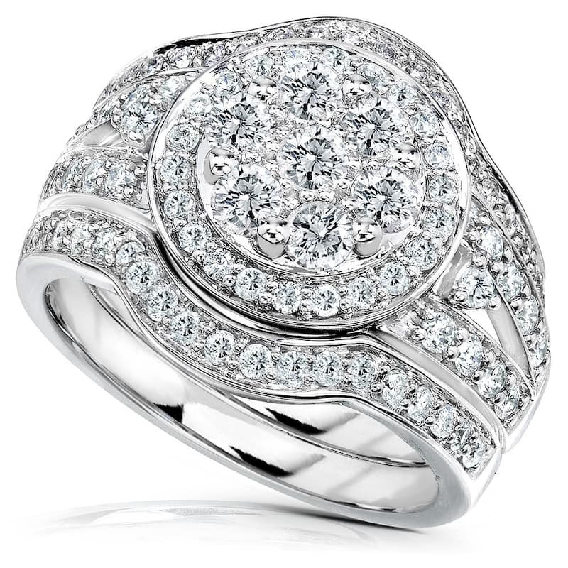 Annello by Kobelli 14k Gold 1 1/5ct TDW Low Setting Diamond Halo 3-Piece Round Cluster Statement Bridal Rings Set
