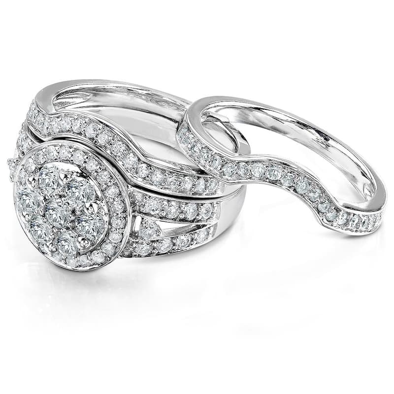 Annello by Kobelli 14k Gold 1 1/5ct TDW Low Setting Diamond Halo 3-Piece Round Cluster Statement Bridal Rings Set