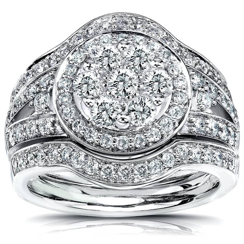 Annello by Kobelli 14k Gold 1 1/5ct TDW Low Setting Diamond Halo 3-Piece Round Cluster Statement Bridal Rings Set - 5 - White