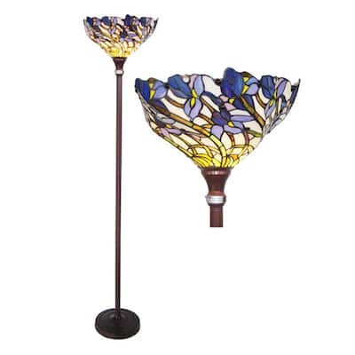 Tiffany-style Iris Bronze Torchiere Lamp - Multi-Color