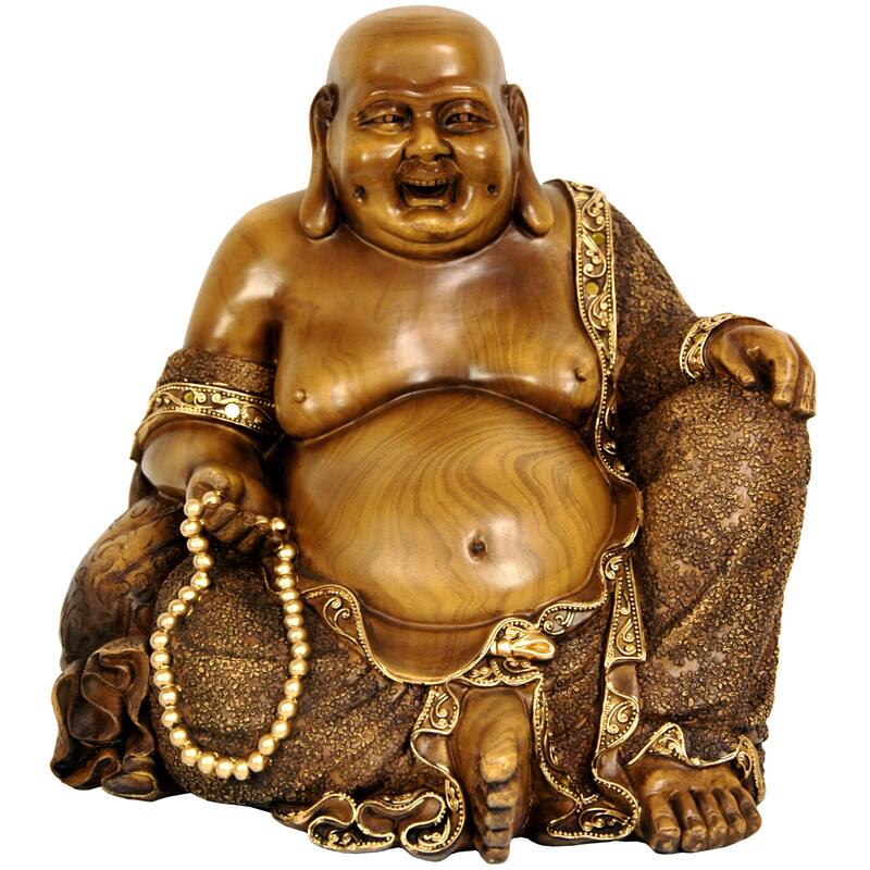 Handmade 10.5" Sitting Hotei Happy Buddha Statue - Gold