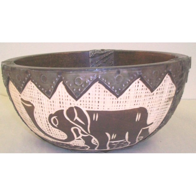 Wood and Brass Tribal Decorative Fruit Bowl (Ghana)  