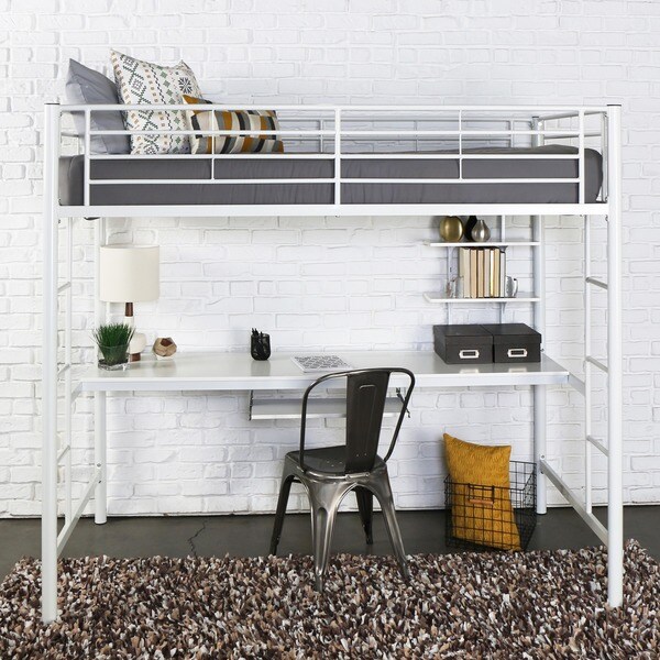 Shop White Metal Twin Bunk Bed with Desk On Sale Free Shipping