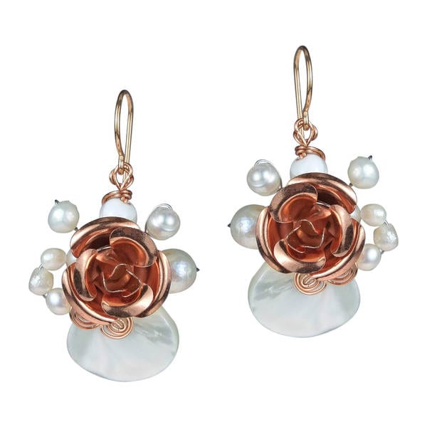 Shop Handmade Copper Rose Mother of Pearl Dangle Earrings (Thailand ...