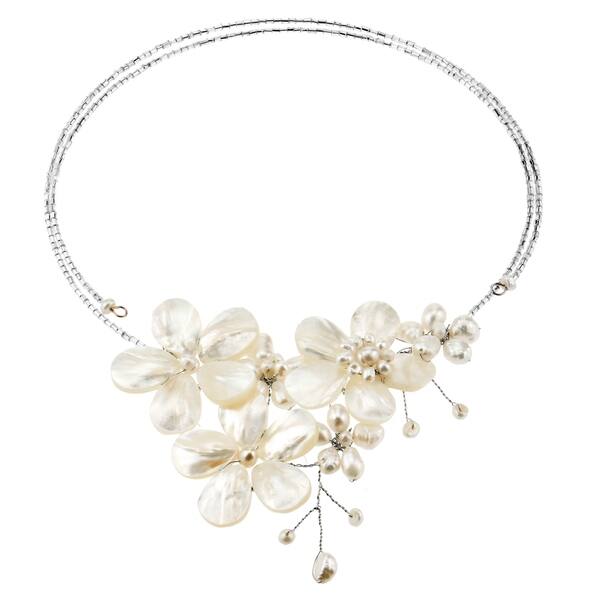 slide 1 of 14, Handmade Multi Flower White Pearl Cluster Choker Wrap Necklace (Thailand)