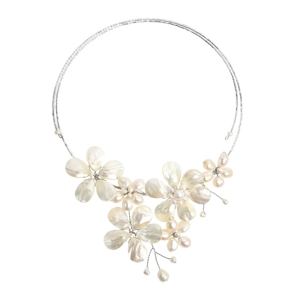 Handmade Multi Flower White Pearl Cluster Choker Wrap Necklace (Thailand)