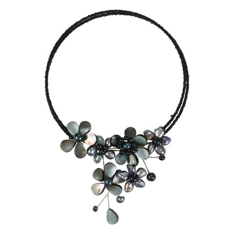 Handmade Multi Flower Black Pearl Cluster Choker Wrap Necklace (Thailand)
