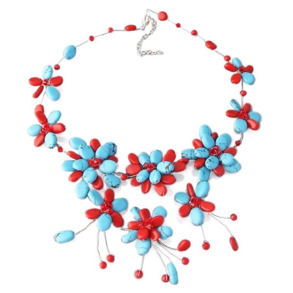 Cotton Red Coral and Turquoise Waterfall Bib Necklace (Thailand)