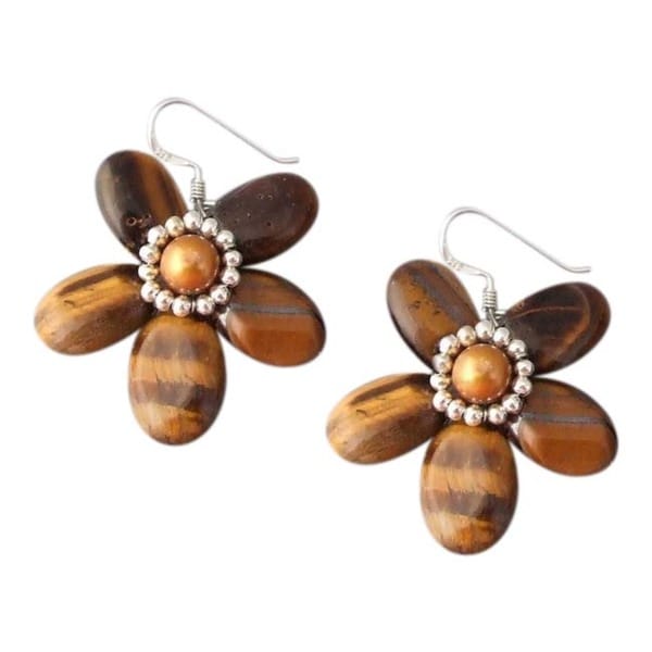 Sterling Silver Tiger's Eye and Pearl Flower Earrings (Thailand) Earrings