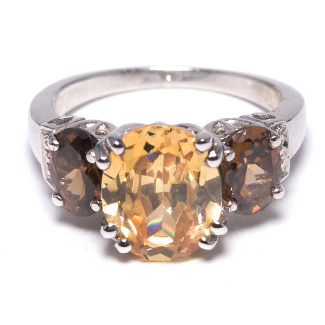 Sterling Silver Golden and Brown Cubic Zirconia Ring 