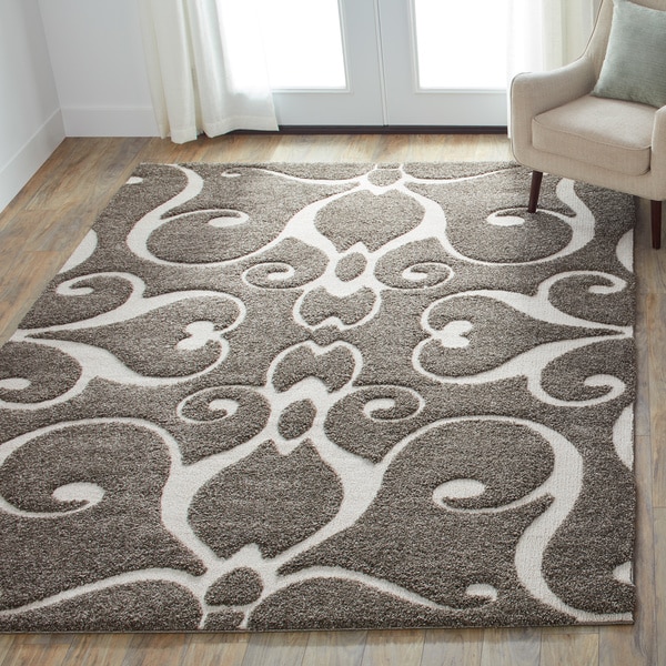 Mid-century Grey/ Taupe Scroll Shag Area Rug - 5'3" x 7'7"
