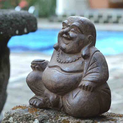 Handmade Volcanic Ash Happy Buddha Statue Stone Washed (Indonesia)