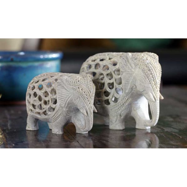 Soapstone 'Elephant Duet' Sculptures (Set of 2)