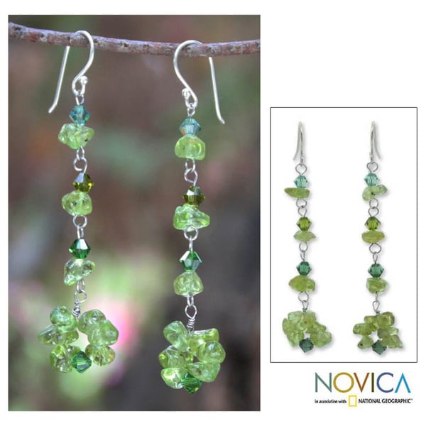 Sterling Silver 'Waterfall' Peridot Cluster Earrings (India) Novica Earrings