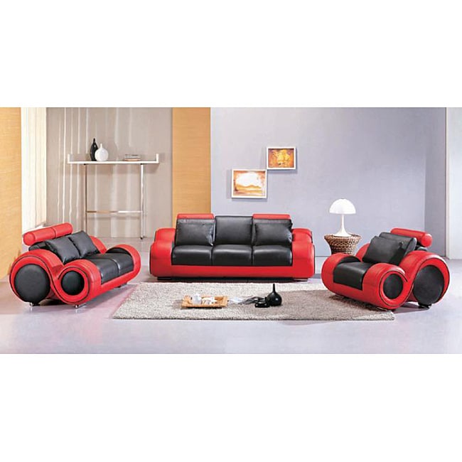 Black/ Red Modern 3 piece Leather Sofa Set (Black/redFinish Chrome (leg)Materials Hardwood, high density foam, rubber webbing support systemUpholstery materials Leather, leather matchFive inclinersFive headrestsStuffed armrestsDrink holdersSofa measure