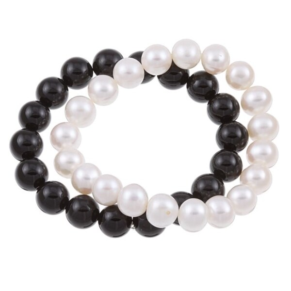 DaVonna White FW Pearl and Black Onyx 2 7-inch Stretch Bracelets (9-10 mm)