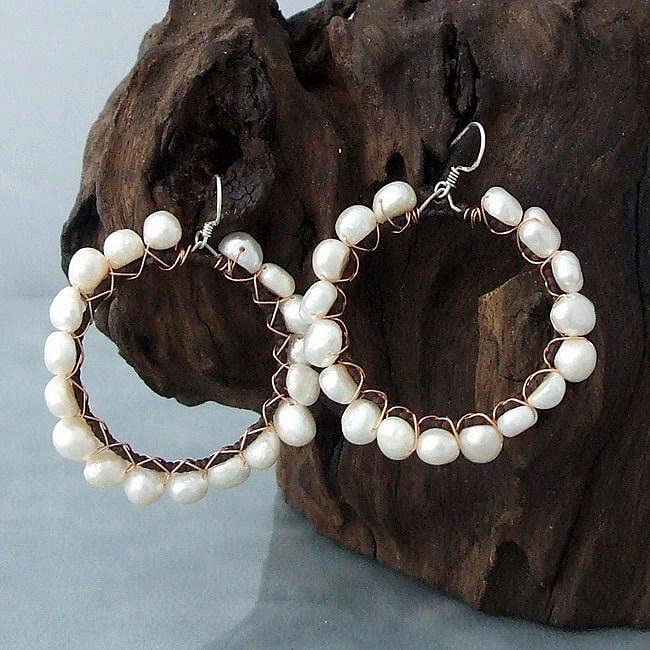 Handmade Sterling Silver Copper Wrap FW Pearl Hoop Earrings (46 mm