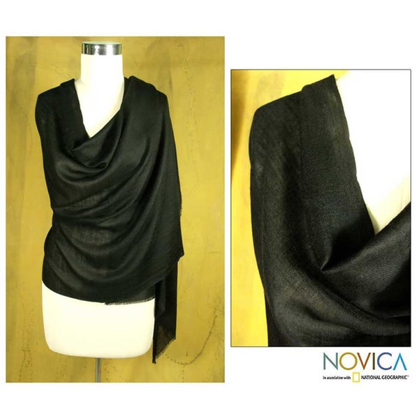 Silk and Cashmere Wool 'Ebony Elegance' Shawl (India) Novica Scarves & Wraps