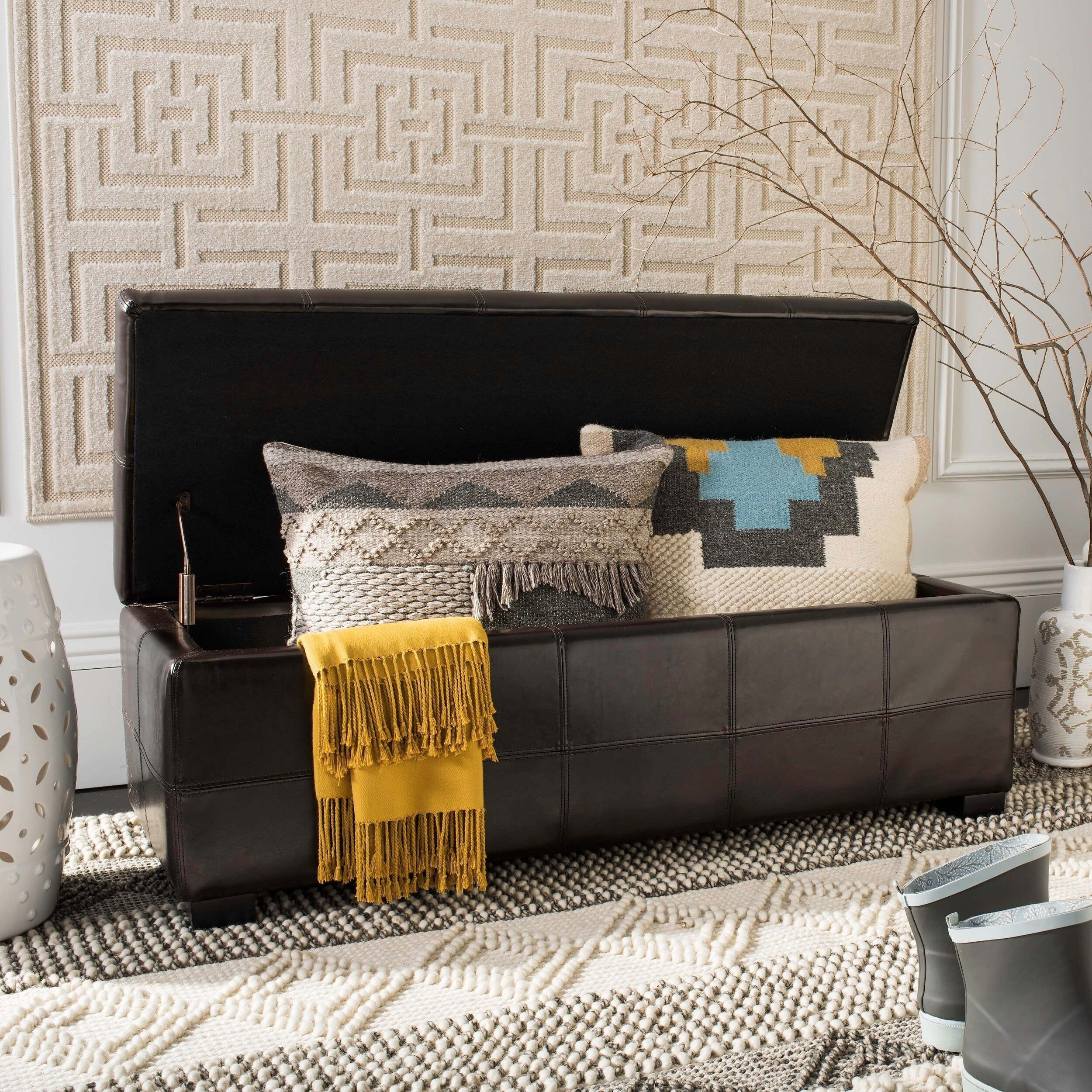 Safavieh Madison Brown Bicast Leather Wood Storage Bench Safavieh Madison Brown Bicast Leather