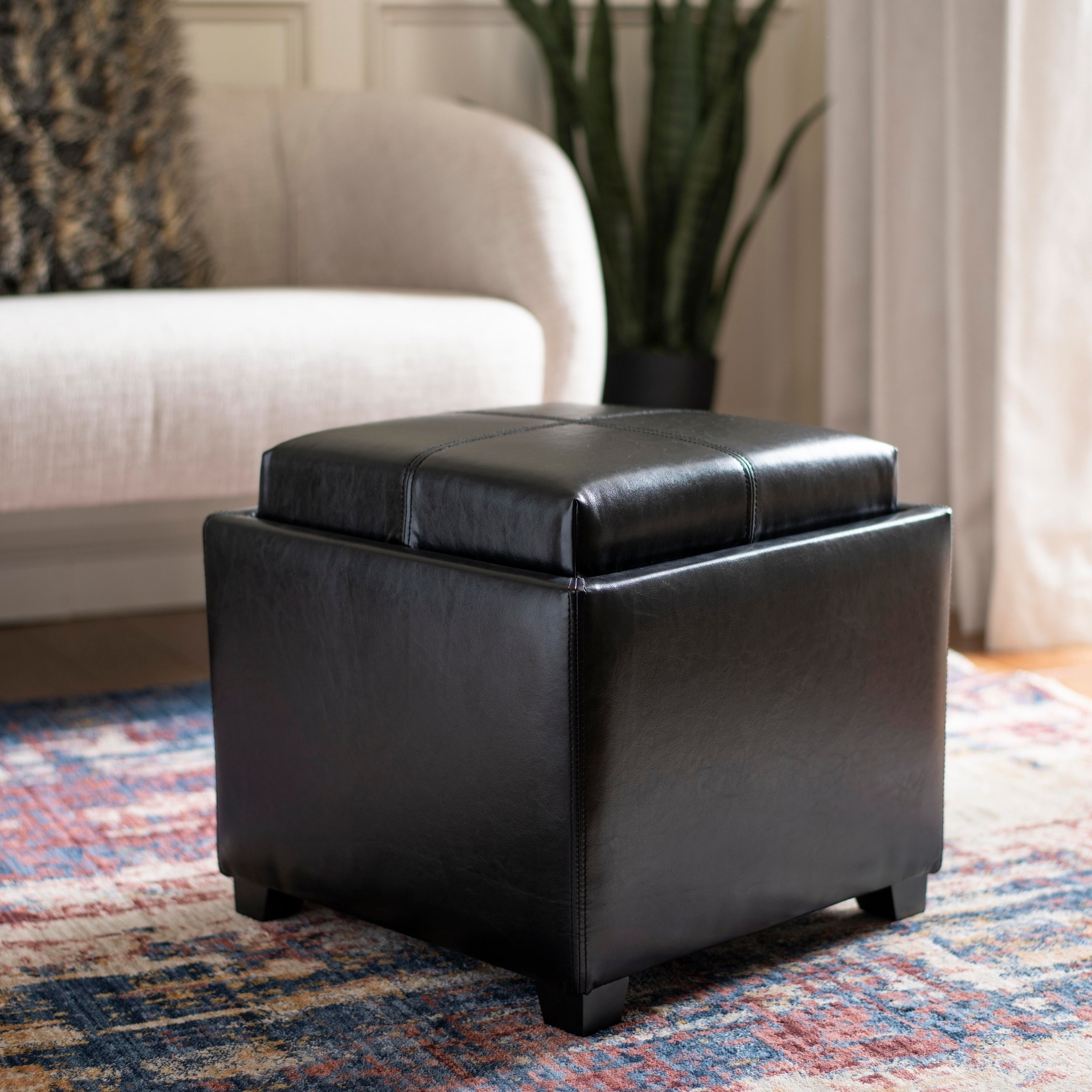 Safavieh Harrison Storage Black Leather Tray Ottoman Overstock 5151896