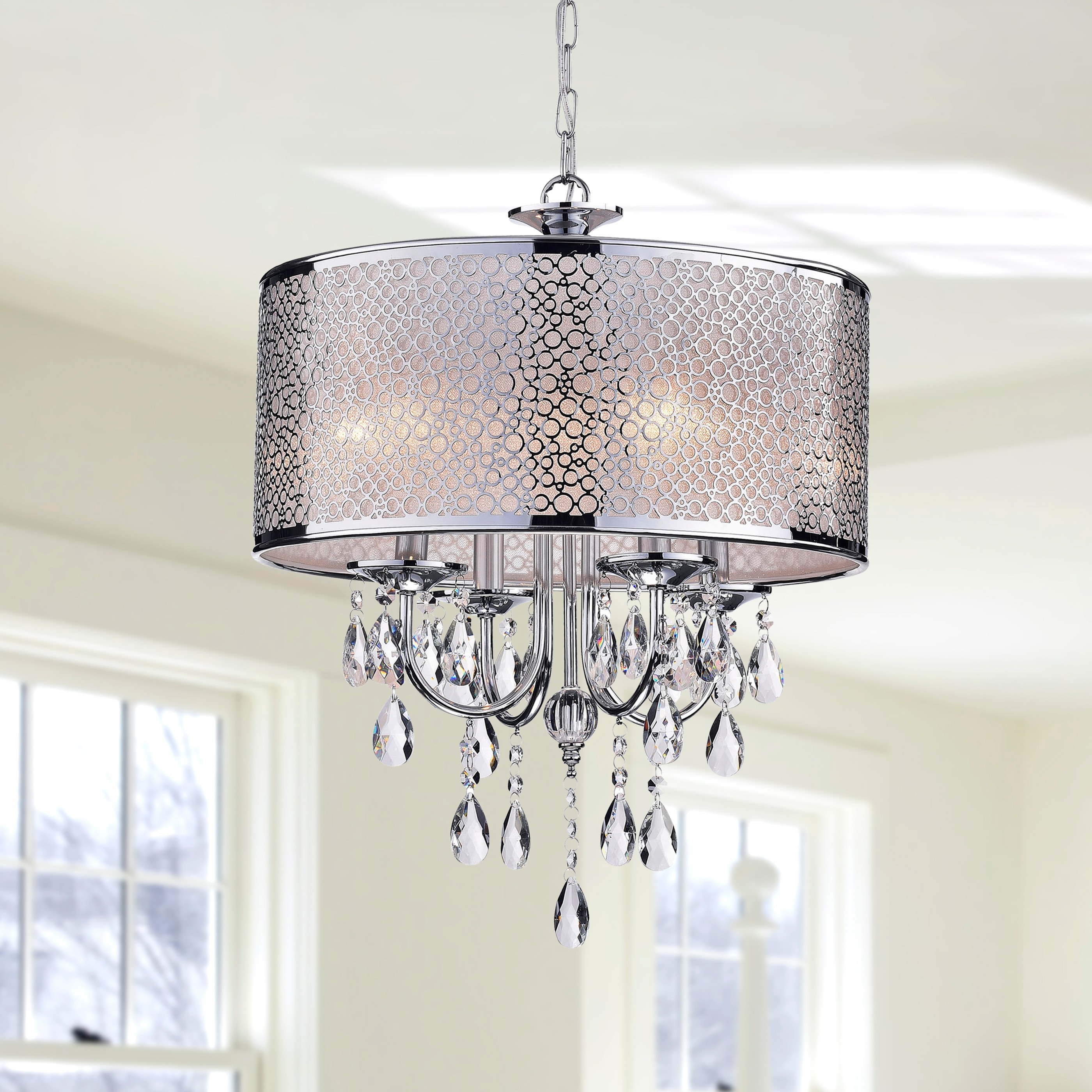 Indoor 4-light Chrome/ Crystal/ White Shades Chandelier - Chandeliers For Bedrooms by Overstock.com