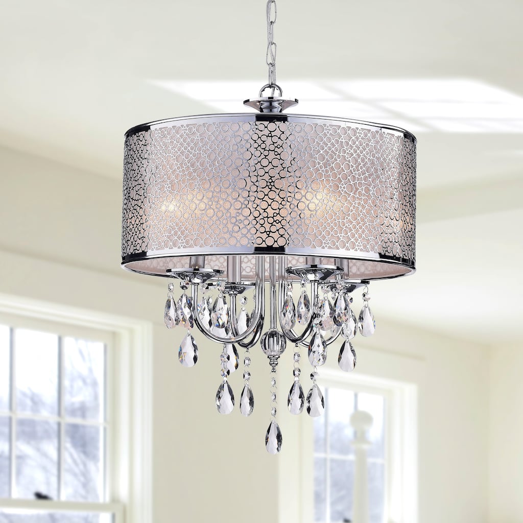 Indoor 4-light Chrome/ Crystal/ White Shades Chandelier