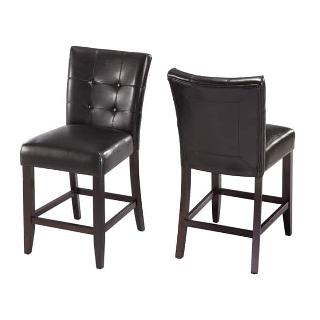 Button-tufted Black Synthetic Leather Kitchen Counter Stool (Set of 2)