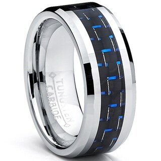 Oliveti Men's Tungsten Ring Black and Blue Carbon Fiber Inlay Wedding Band (8 mm)